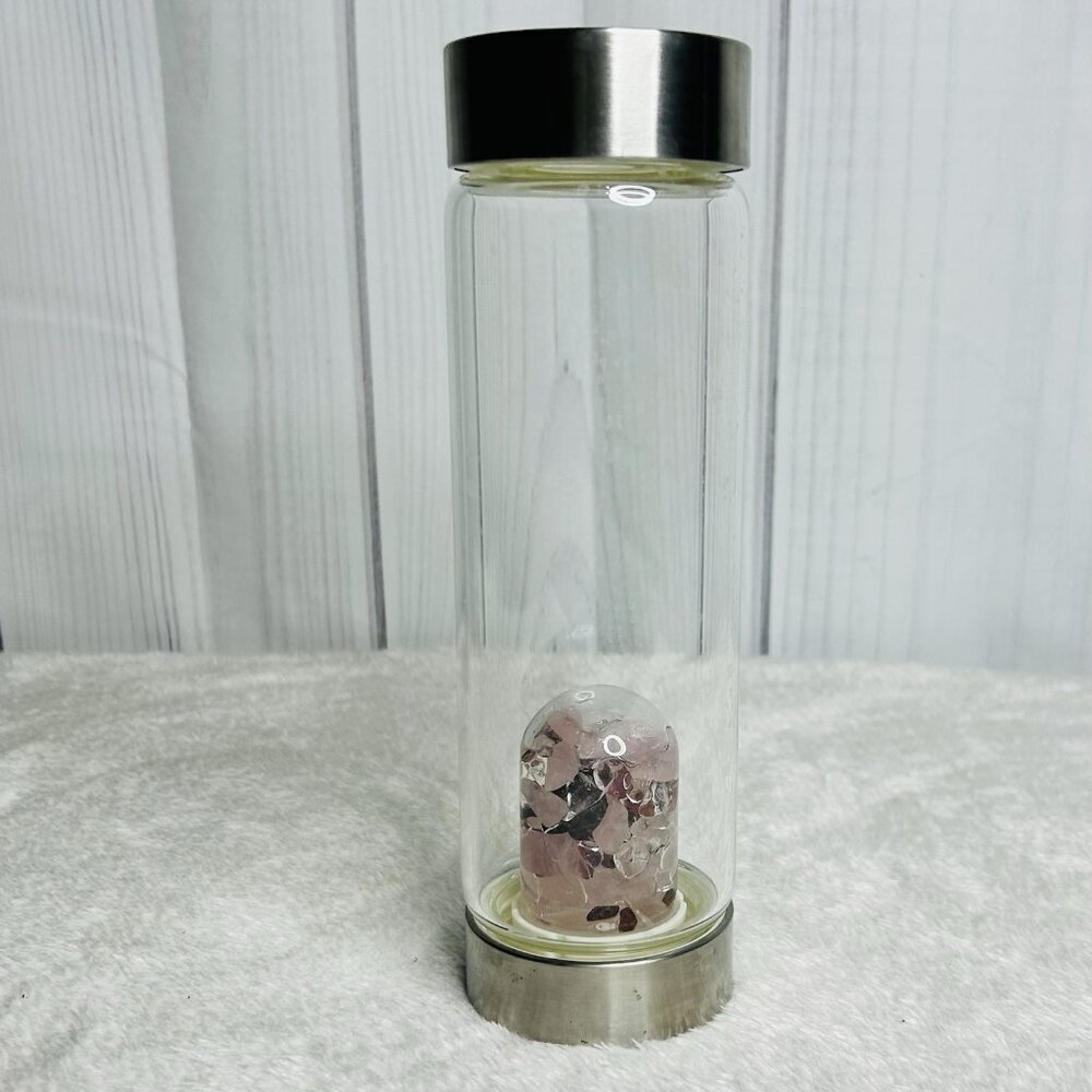 VitaJuwel Wellness Gemstone Glass Water Bottle Amethyst Clear/Rose Quartz Pod
